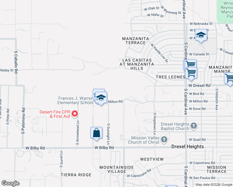 map of restaurants, bars, coffee shops, grocery stores, and more near 3420 West Milton Road in Tucson