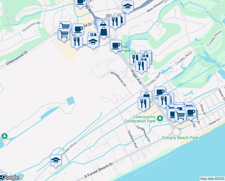 map of restaurants, bars, coffee shops, grocery stores, and more near 100 Woodhaven Drive in Hilton Head Island