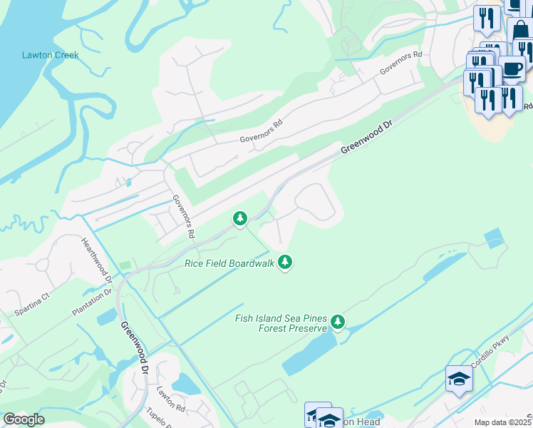 map of restaurants, bars, coffee shops, grocery stores, and more near 24 Governors Lane in Hilton Head Island