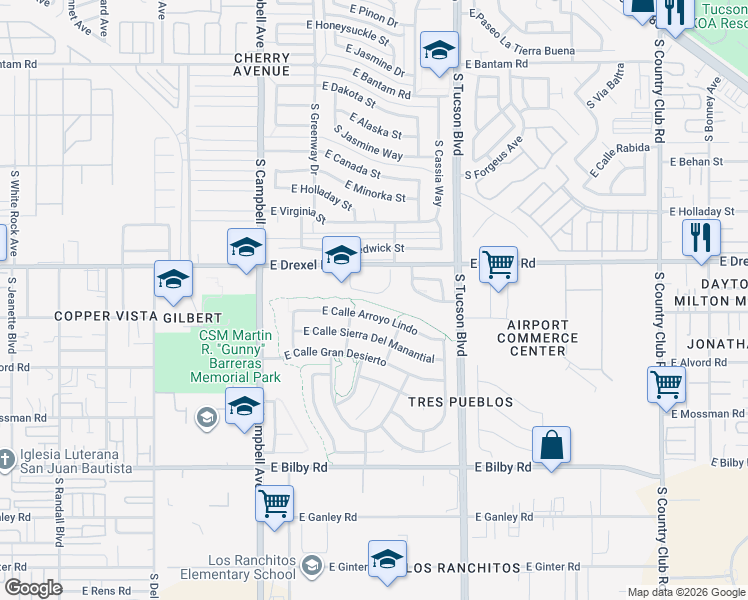 map of restaurants, bars, coffee shops, grocery stores, and more near 2200 E Drexel Rd in Tucson