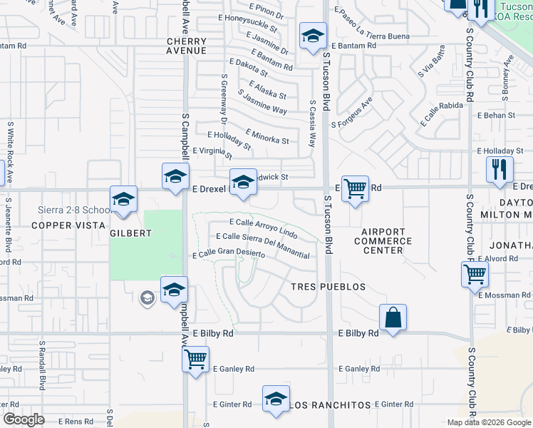 map of restaurants, bars, coffee shops, grocery stores, and more near 2200 E Drexel Rd in Tucson