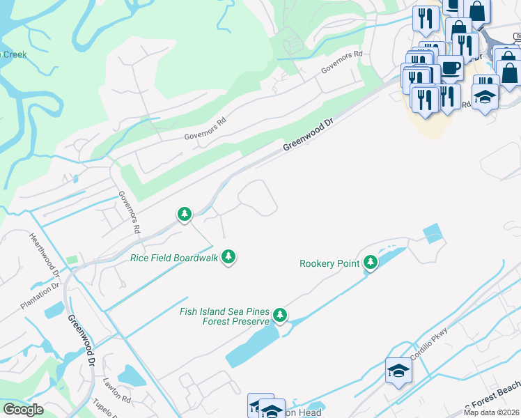 map of restaurants, bars, coffee shops, grocery stores, and more near 17 Shell Ring Road in Hilton Head Island