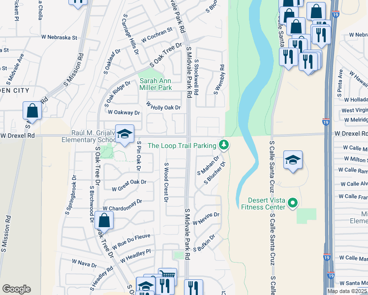 map of restaurants, bars, coffee shops, grocery stores, and more near 5614 South Wood Crest Drive in Tucson