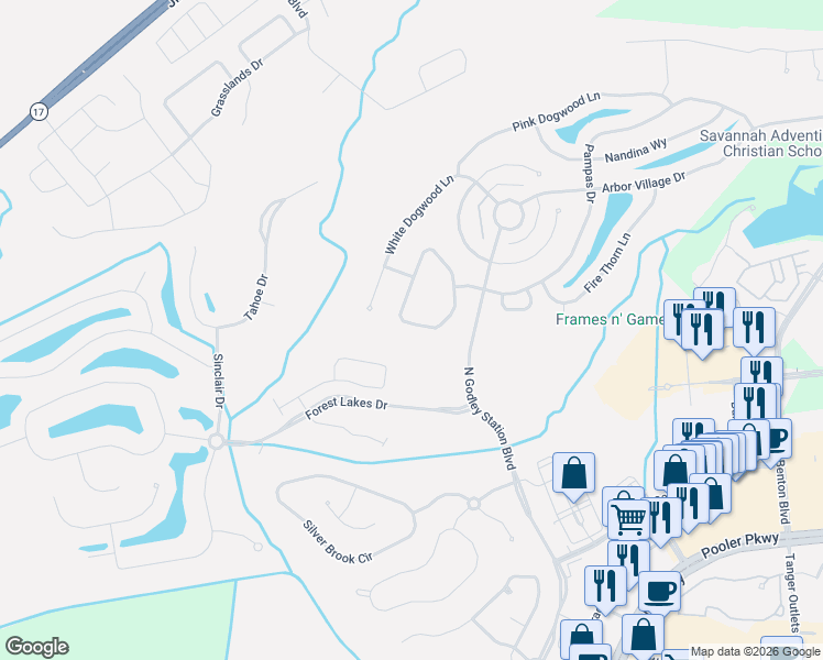 map of restaurants, bars, coffee shops, grocery stores, and more near 136 Carolina Cherry Circle in Pooler