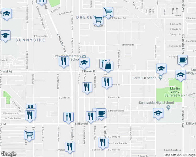 map of restaurants, bars, coffee shops, grocery stores, and more near 5710 South Morris Boulevard in Tucson