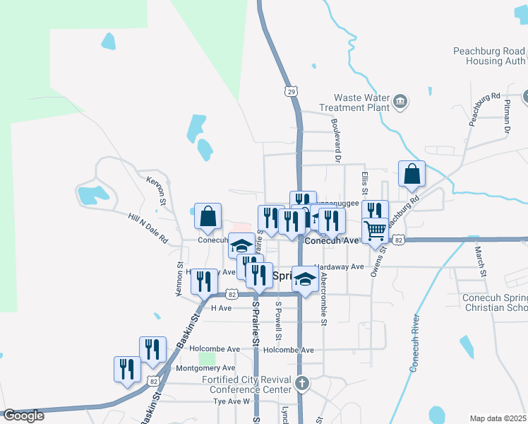 map of restaurants, bars, coffee shops, grocery stores, and more near North Prairie Street in Union Springs