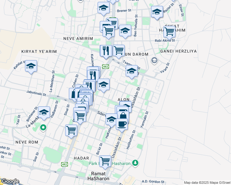 map of restaurants, bars, coffee shops, grocery stores, and more near 3 Ha-Broshim Street in Ramat Hasharon