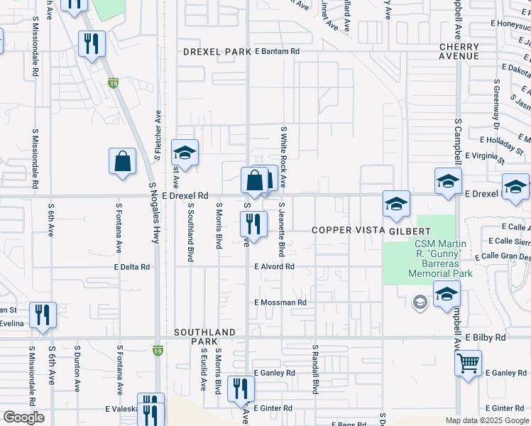 map of restaurants, bars, coffee shops, grocery stores, and more near 1020 East Drexel Road in Tucson