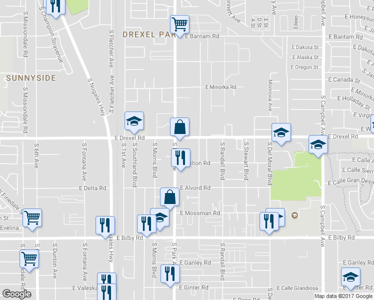 map of restaurants, bars, coffee shops, grocery stores, and more near 1020 East Drexel Road in Tucson