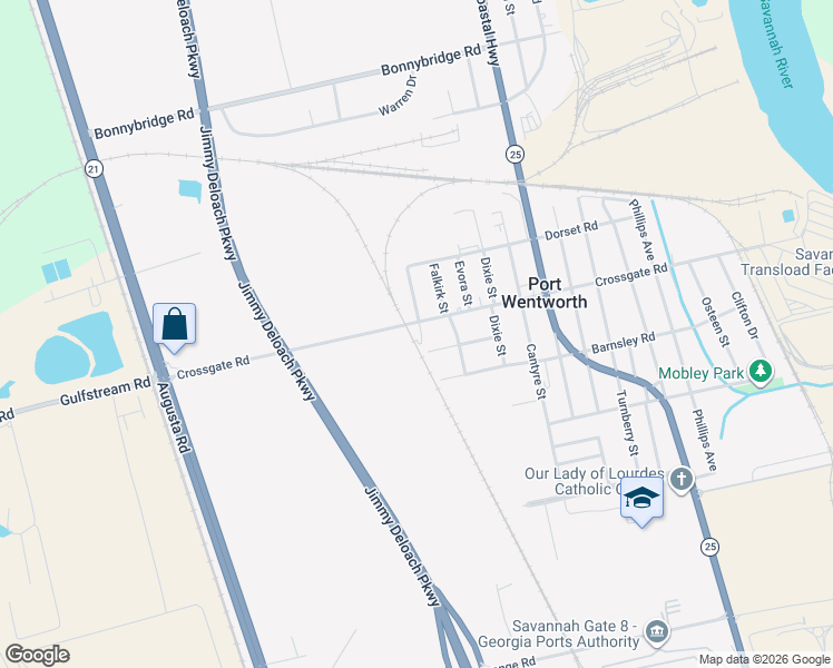 map of restaurants, bars, coffee shops, grocery stores, and more near 841 Crossgate Road in Port Wentworth