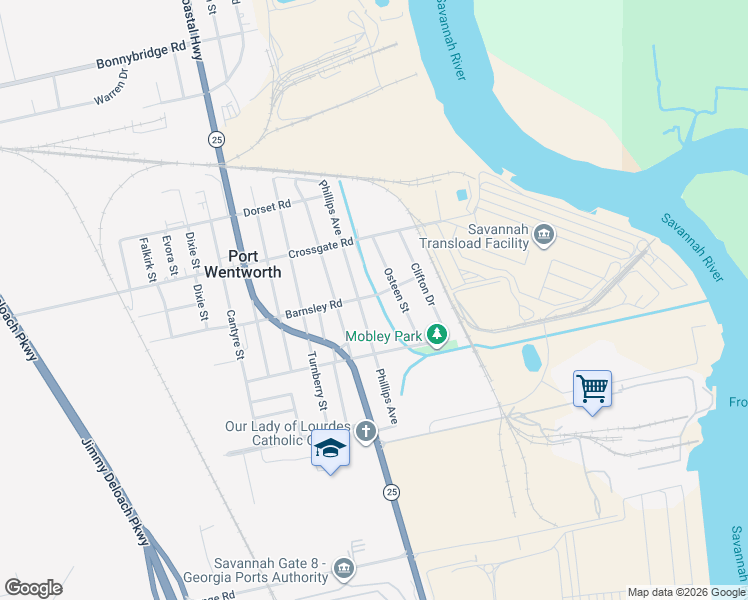 map of restaurants, bars, coffee shops, grocery stores, and more near 302 Barnsley Road in Port Wentworth