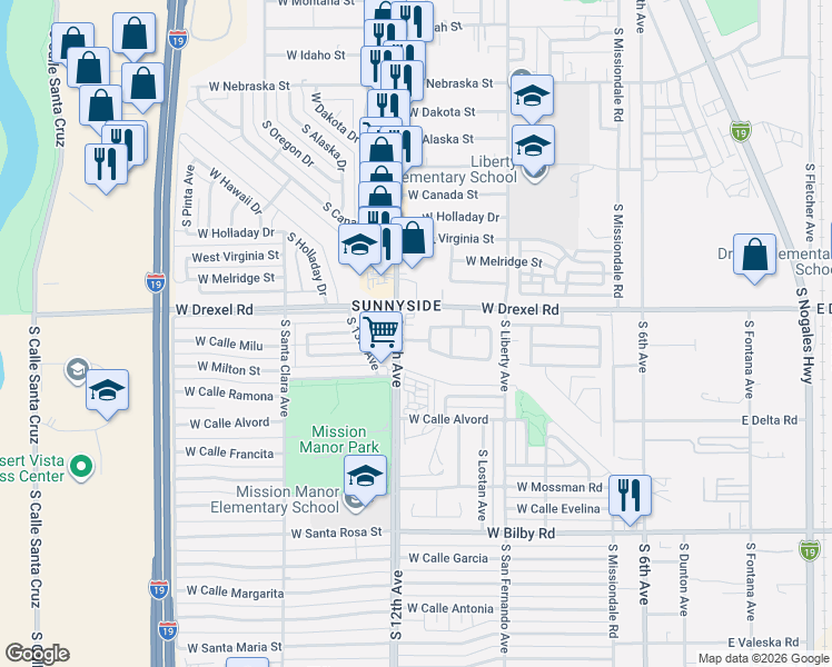 map of restaurants, bars, coffee shops, grocery stores, and more near in Tucson