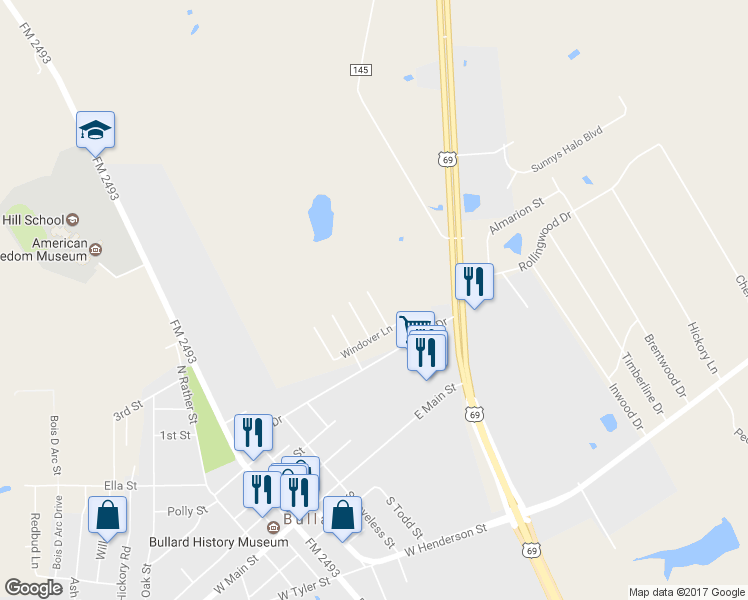 map of restaurants, bars, coffee shops, grocery stores, and more near 210 Bedford Place in Bullard
