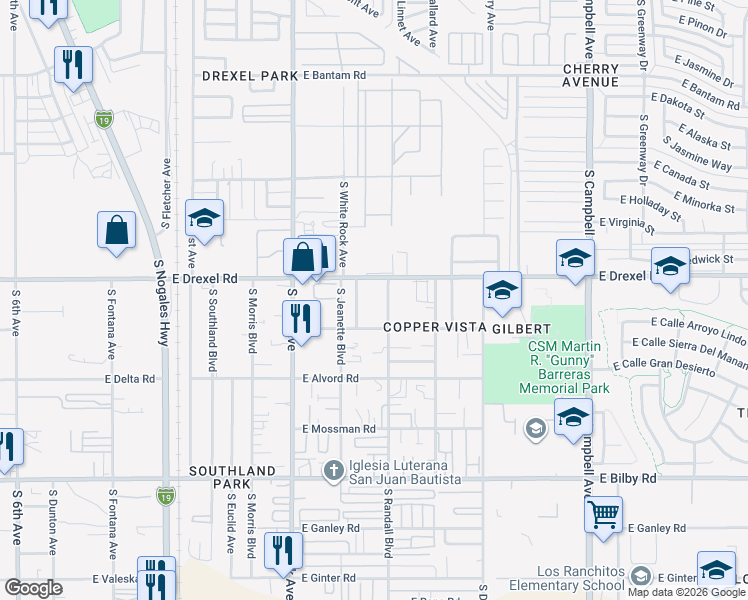 map of restaurants, bars, coffee shops, grocery stores, and more near 5720 South Randall Boulevard in Tucson
