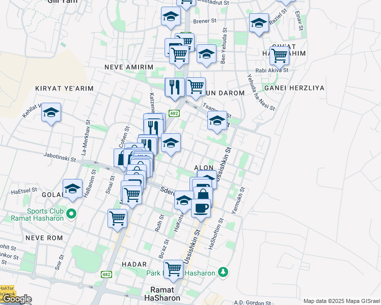 map of restaurants, bars, coffee shops, grocery stores, and more near in Ramat HaSharon