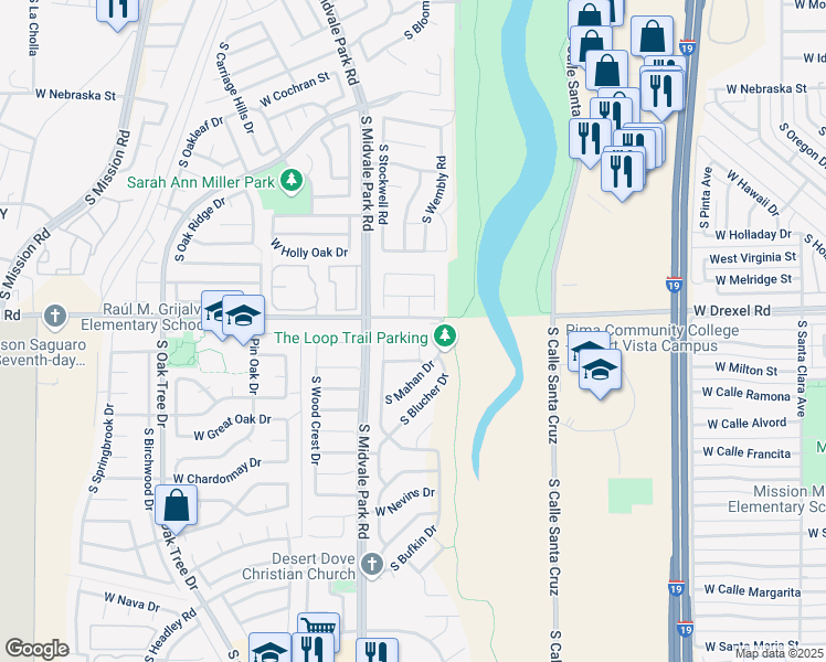 map of restaurants, bars, coffee shops, grocery stores, and more near 5759 South Olvera Place in Tucson