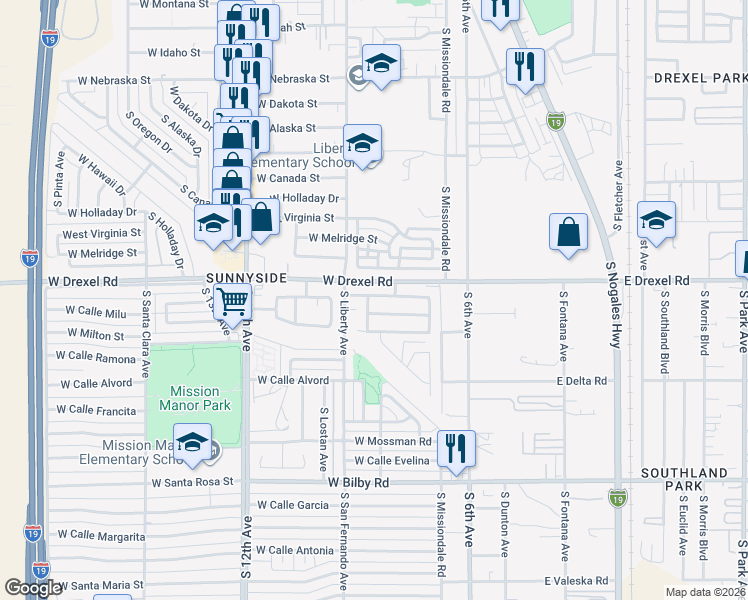 map of restaurants, bars, coffee shops, grocery stores, and more near 203 West Calle Nueva Vida in Tucson