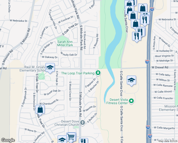 map of restaurants, bars, coffee shops, grocery stores, and more near 5759 South Olvera Place in Tucson