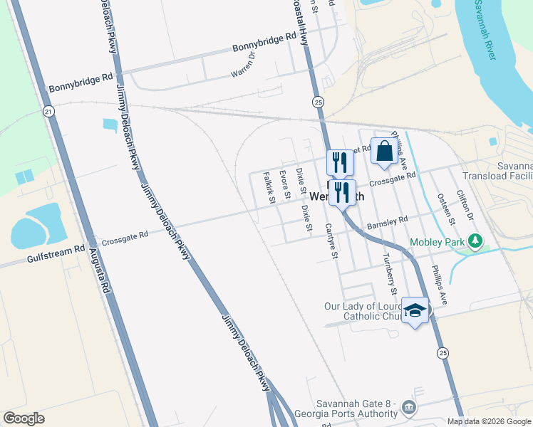 map of restaurants, bars, coffee shops, grocery stores, and more near 841 Crossgate Road in Savannah