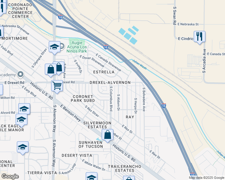map of restaurants, bars, coffee shops, grocery stores, and more near 5731 South Columbus Boulevard in Tucson