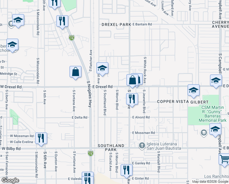 map of restaurants, bars, coffee shops, grocery stores, and more near 5710 South Morris Boulevard in Tucson