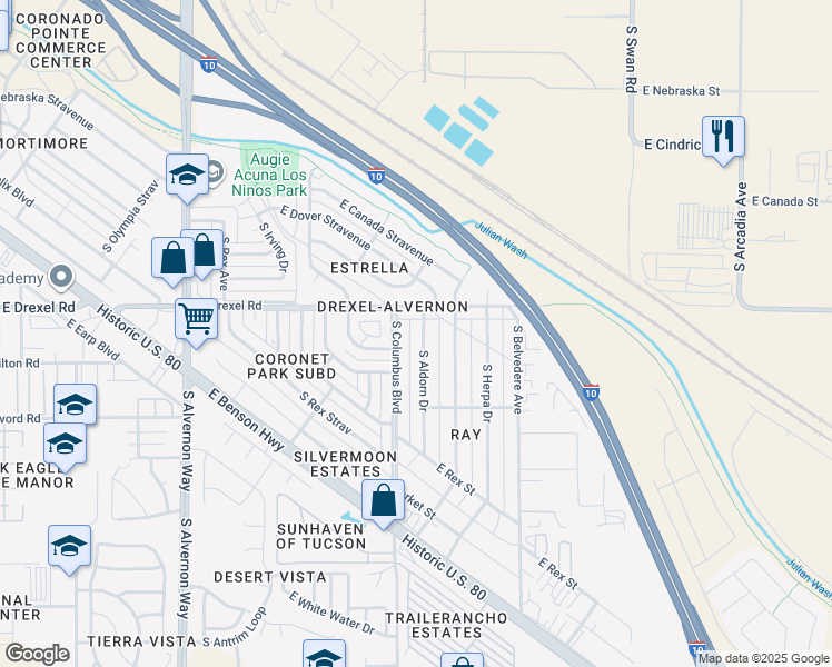 map of restaurants, bars, coffee shops, grocery stores, and more near 5731 South Columbus Boulevard in Tucson