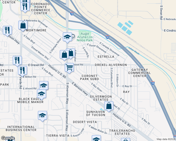map of restaurants, bars, coffee shops, grocery stores, and more near 5725 South Irving Avenue in Tucson