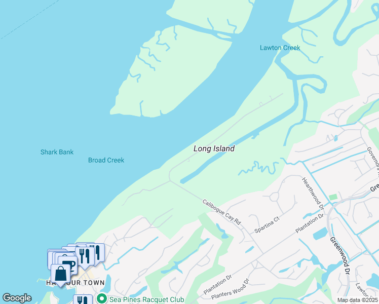 map of restaurants, bars, coffee shops, grocery stores, and more near 18 North Calibogue Cay Road in Hilton Head Island
