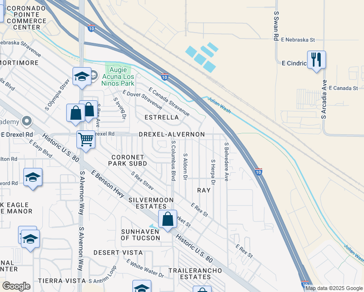 map of restaurants, bars, coffee shops, grocery stores, and more near 5731 South Columbus Boulevard in Tucson