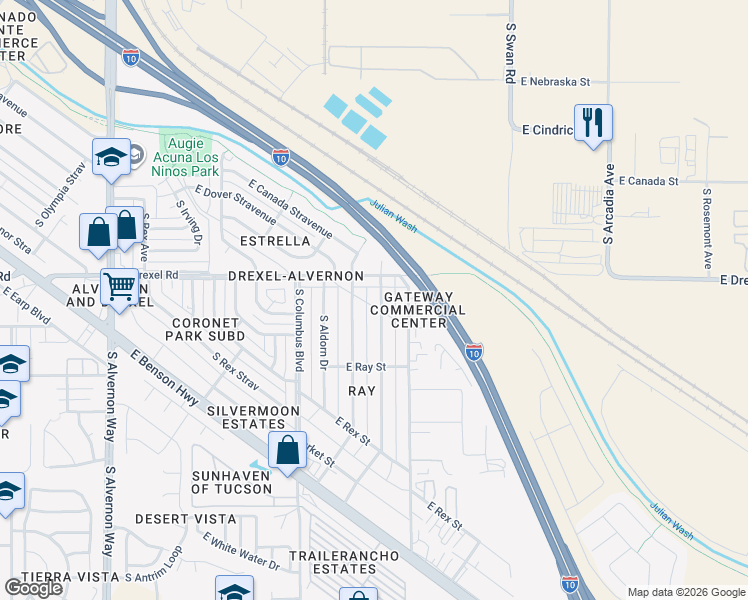 map of restaurants, bars, coffee shops, grocery stores, and more near 5730 S Herpa Dr in Tucson