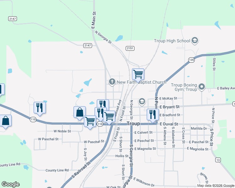 map of restaurants, bars, coffee shops, grocery stores, and more near 204 West Tarbutton Street in Troup