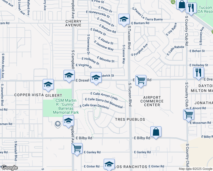 map of restaurants, bars, coffee shops, grocery stores, and more near 2200 East Drexel Road in Tucson
