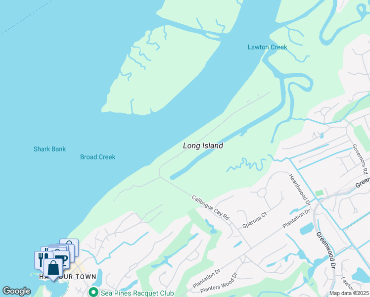 map of restaurants, bars, coffee shops, grocery stores, and more near 18 N Calibogue Cay Rd in Hilton Head Island