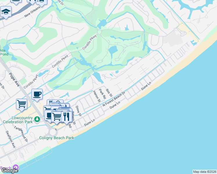 map of restaurants, bars, coffee shops, grocery stores, and more near 1 Ibis Street in Hilton Head Island