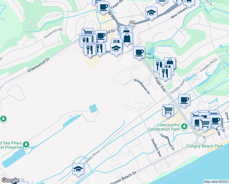 map of restaurants, bars, coffee shops, grocery stores, and more near 300 Woodhaven Drive in Hilton Head Island