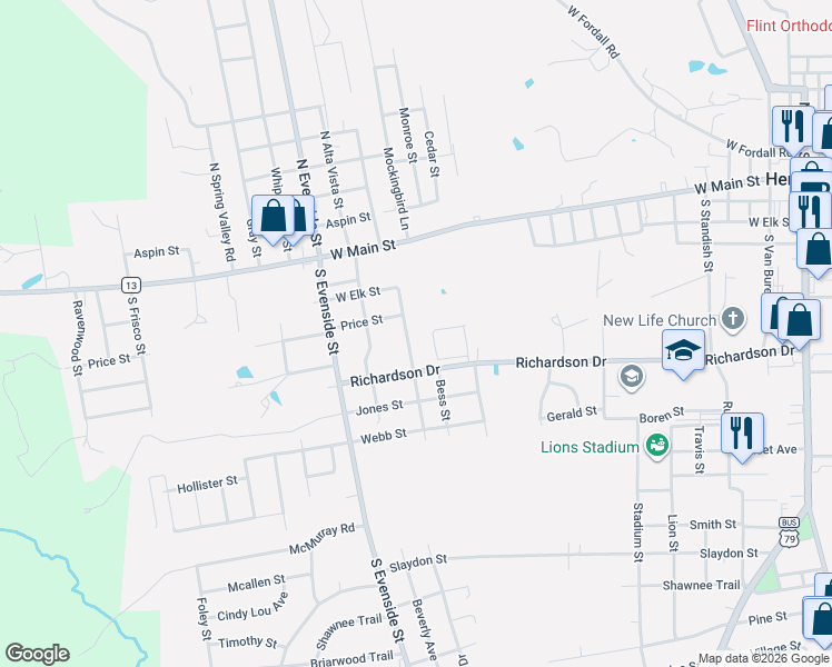 map of restaurants, bars, coffee shops, grocery stores, and more near 306 Lone Oak Street in Henderson