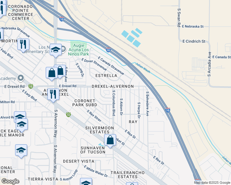 map of restaurants, bars, coffee shops, grocery stores, and more near 5721 South Columbus Boulevard in Tucson