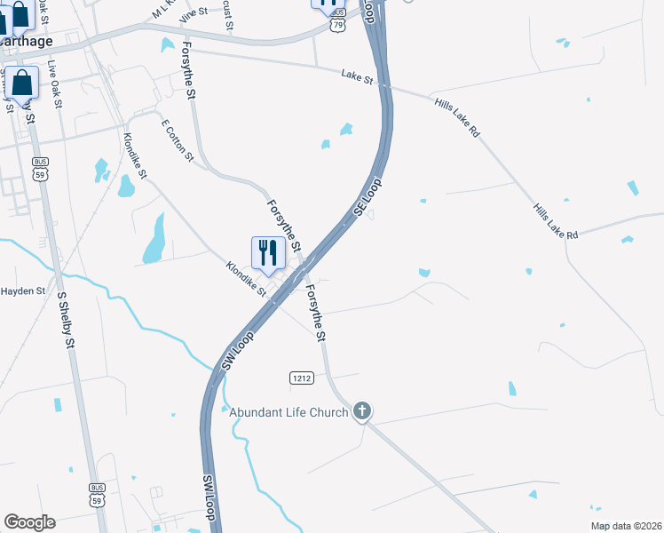 map of restaurants, bars, coffee shops, grocery stores, and more near 2313 Southeast Loop in Carthage