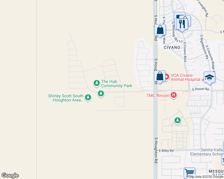 map of restaurants, bars, coffee shops, grocery stores, and more near 5698 South Houghton Road in Tucson