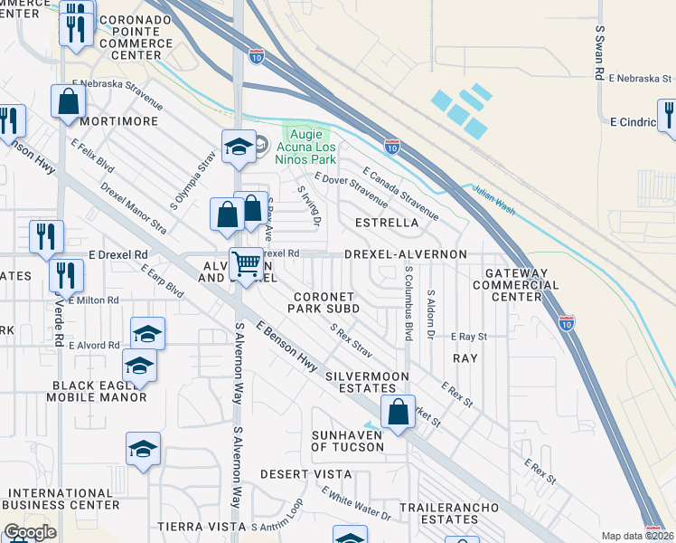 map of restaurants, bars, coffee shops, grocery stores, and more near 5717 South Helena Stravenue in Tucson