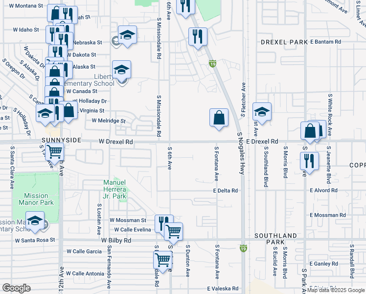 map of restaurants, bars, coffee shops, grocery stores, and more near 120 East Drexel Road in Tucson
