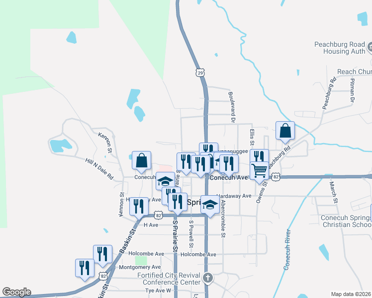 map of restaurants, bars, coffee shops, grocery stores, and more near 100-198 Chunnenuggee Ave in Union Springs