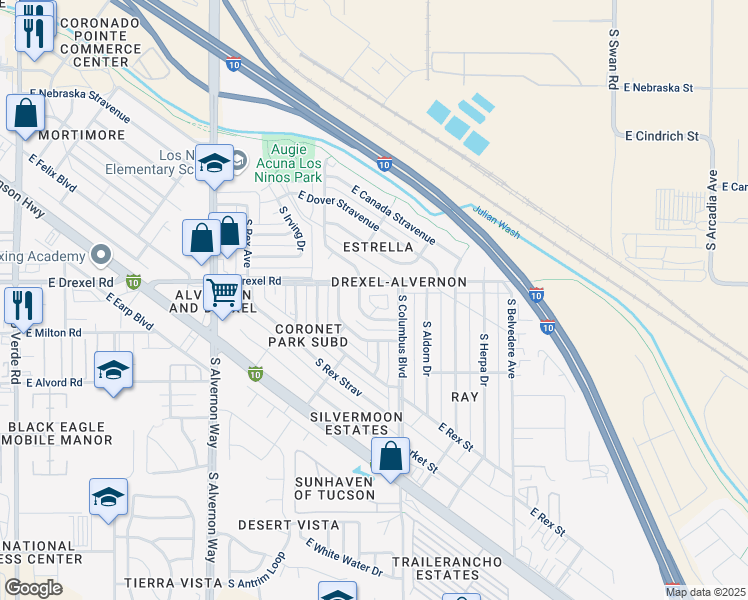 map of restaurants, bars, coffee shops, grocery stores, and more near 5733 South Hartford Place in Tucson