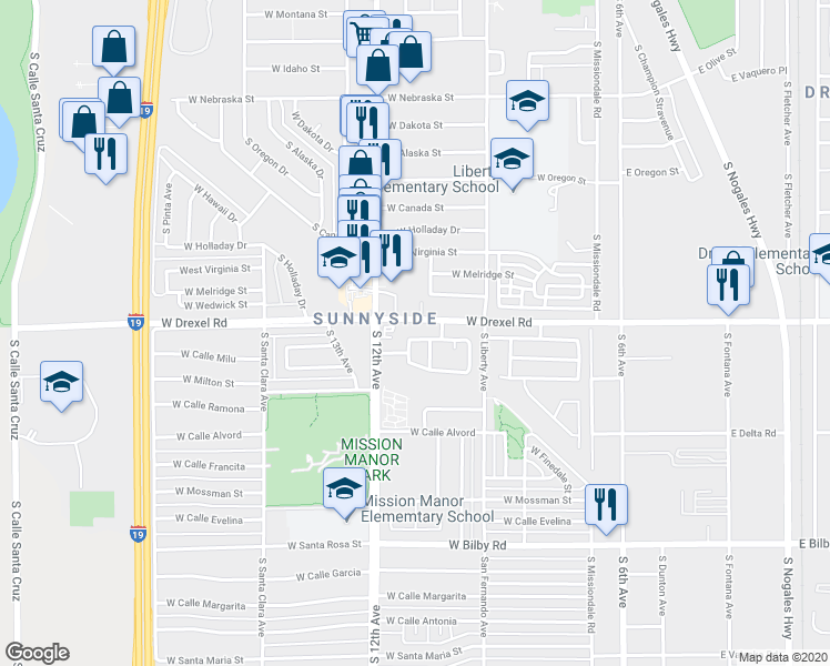 map of restaurants, bars, coffee shops, grocery stores, and more near 494 Great White Street in Tucson