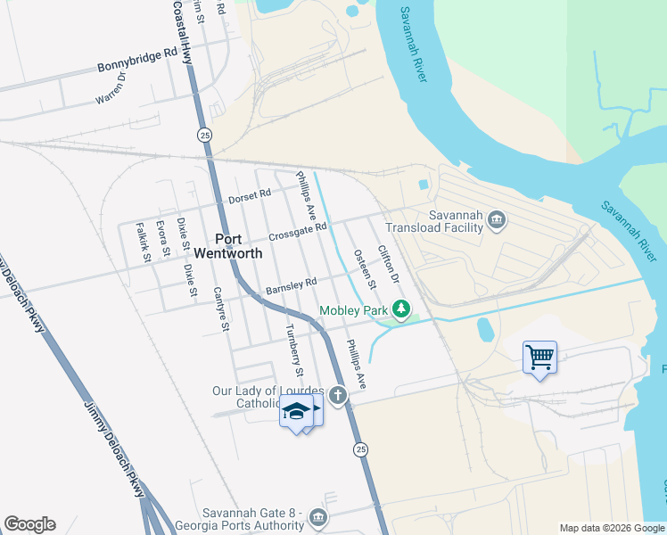 map of restaurants, bars, coffee shops, grocery stores, and more near 302 Barnsley Road in Port Wentworth
