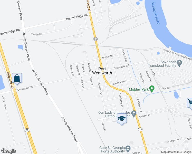 map of restaurants, bars, coffee shops, grocery stores, and more near 201 Cantyre Street in Port Wentworth
