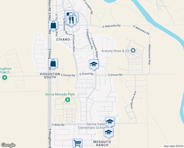map of restaurants, bars, coffee shops, grocery stores, and more near 10620 East Drexel Road in Tucson