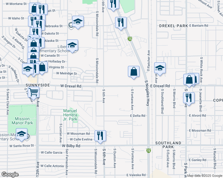 map of restaurants, bars, coffee shops, grocery stores, and more near 120 East Drexel Road in Tucson