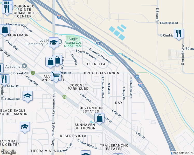 map of restaurants, bars, coffee shops, grocery stores, and more near 5733 South Hartford Place in Tucson