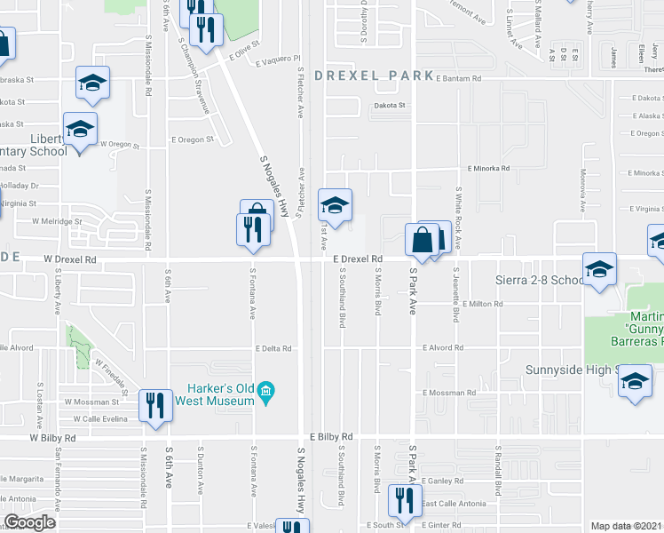 map of restaurants, bars, coffee shops, grocery stores, and more near 5717 South Southland Boulevard in Tucson
